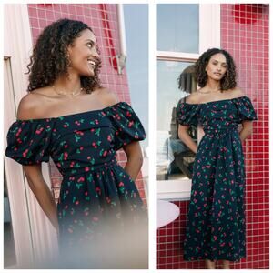 Petal & Pup Chlo Cherry Print Puff Sleeve Midi Dress Size Large Smocked Retro